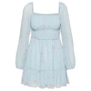 Aritzia Wilfred Tempest Long Sleeve Mini Dress Blue Floral Smocked Chiffon Sz L